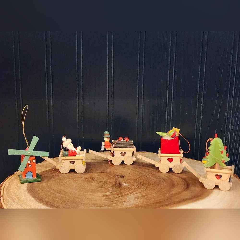 Set of 5 Hand Crafted Wooden Wagon Christmas Ornaments German Inspired